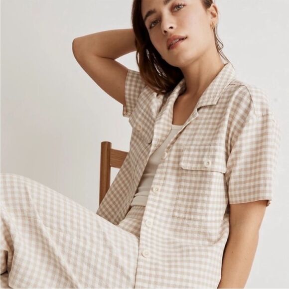 Madewell Camp Checked Gingham Plaid Boxy Gauze Button Down Shirt Tan Small NWT - Picture 2 of 16